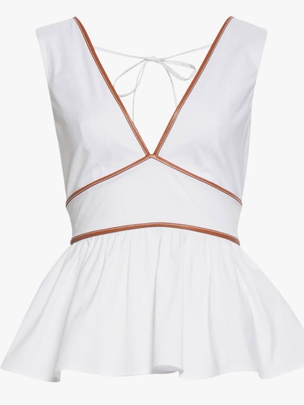 STAUD White Peplum V-Neck Top with Brown Trim
